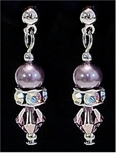 Swarovski Crystal Pearl Charming Dangling Earrings. Mauve-Lt Amethyst Color