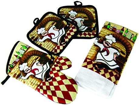 Kitchen Linens Collection Top Quality Quilted Cotton Pot Holder and Oven Mitt Set With Bonus Kitchen Towel, Assorted Kitchen Themes and Colors, 4 Piece Set (Chef - Red Black)