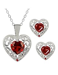 2.03 Ct Heart Shape Red Garnet Gemstone Sterling Silver Pendant Earrings Set
