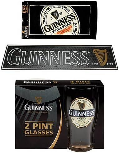Guinness Barware Pack - PVC Bar Mat, English Label Bar Towel &amp; Guinness Label 20oz Glass 2 Pack