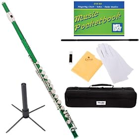 Mendini MFE-GN Key of C Green Flute + Case, Stand, Cleaning Rod & Cloth, Joint Grease, & a Pair of Gloves