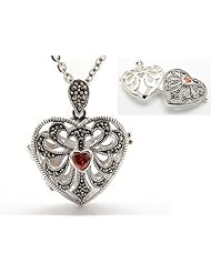 Genuine Marcasite and Garnet Sterling Silver Aromatherapy Scent Locket Heart Pendant with 20" Cable Chain Necklace