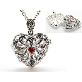 Genuine Marcasite and Garnet Sterling Silver Aromatherapy Scent Locket Heart Pendant with 20