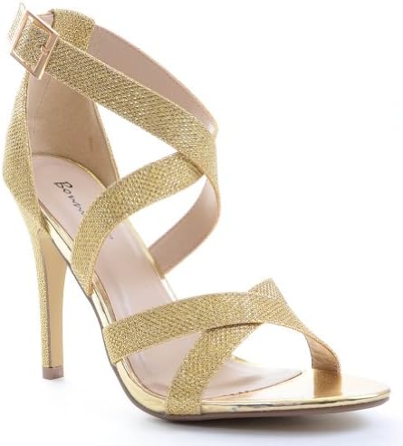Glitter Open Toe Wedding Formal Ankle Strap Heel, Gold, 6.5 M US