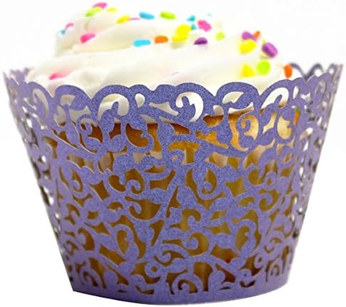 Guzila 24pcs Filigree Vine Lace Laser Cut Cupcake Wrappers Muffin Case Tray Baking Cup Wedding Party Decoration Card(Purple)