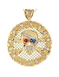 14k Two Tone Gold CZ Stone Skull & Crossbones 7.71cm X 6.0cm Round Pirate Pendant