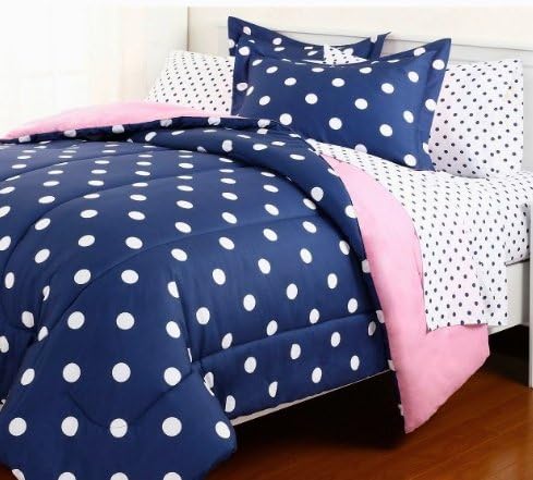 5pc Blue Pink Reversible Polka Dot College Dorm TWIN XL Comforter Set (5pc Bed in a Bag)