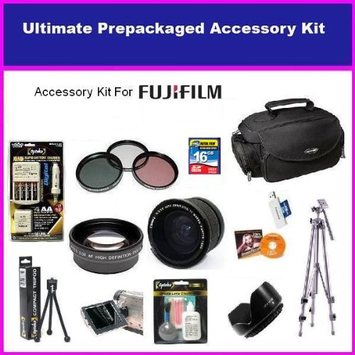 Fuji Finepix Fujifilm FinePix HS10 S9500 S9100 S9000 S6000 Ultimate Accessory Package Includes 0.35 Wide Angle Lens, 2X Telephoto Lens, 3 Piece Filter Kit, Flower lens Hood, 4 NIMH AA Batteries  AC/DC Charger, 16GB Memory Card, Tripod, Pro Case  Much More
