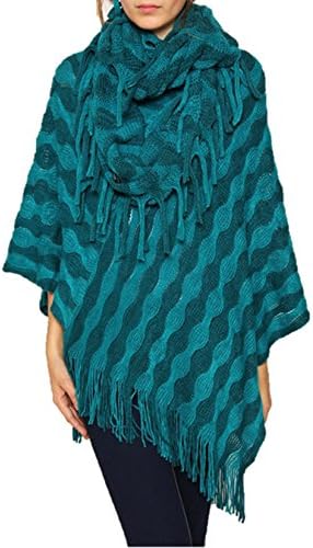 Womens Crochet Knit Fringed Poncho Soft and Cozy With Matching Scarf One Size Jade Green