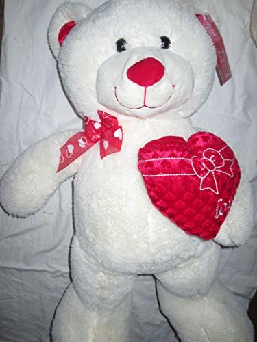 31" White Plush Bear with Red Paws and Heart Pillow