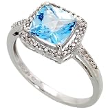 10k White Gold Ring, w/ 0.14 Carat Brilliant Cut Diamonds & 1.50 Carats Cushion Cut 7mm Blue Topaz Stone, 3/8' wide