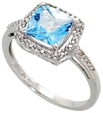 10k White Gold 3/8 (10mm) wide Ring, w/ 0.14 Carat Brilliant Cut Diamonds & 1.50 Carats Cushion Cut 7mm Blue Topaz Stone