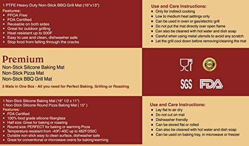 Premium Non-Stick Silicone Baking Mat and Non-stick Silicone Round Pizza Mat with BONUS Non-stick OVEN/BBQ Grill Mat from JBTrend offers a Unique Combination, Perfect Baking Sheets for mess free Baking, Roasting and Grilling. Enhance your Baking, Roasting and Grilling style now and Enjoy! Best Present idea for Gifts