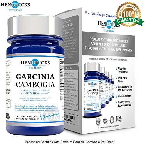 80% HCA Pure Garcinia Cambogia Extract - 100% Physician Formulated, Next Generation All Natural Appetite Suppressant and Weight Loss Supplement with Potassium - No Calcium -- Zero Fillers or Binders, No Artificial Ingredients, Non-gmo --180 Vegetarian Capsules - Full 30 Day Supply -- Manufactured in an FDA Approved GMP Certified Laboratory, Made in the USA and Formulated By Dr. Hendricks (Packaging may vary)