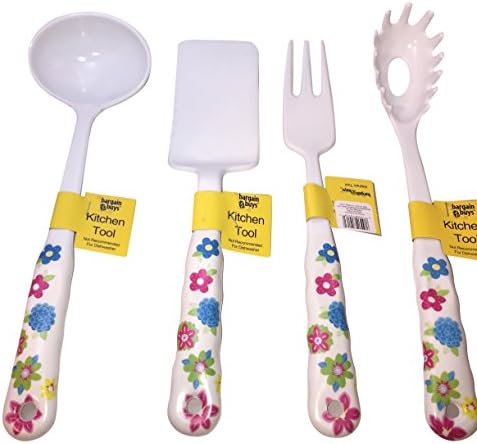 Kitchen Tool Set 4 Pieces 3 Prong Fork, Spatula, Ladle, Spaghetti Grabber Plus 5 Bonus Measuring Cups White/Blue/Pink Floral Pattern