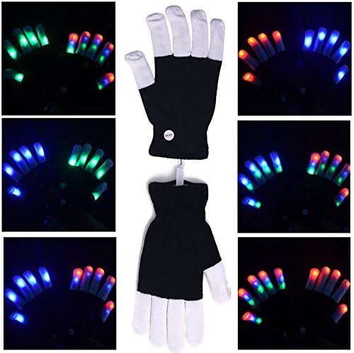 LightDay Flashing LED Colorful gloves 6 Colors Light Show finger -one pair(black white)