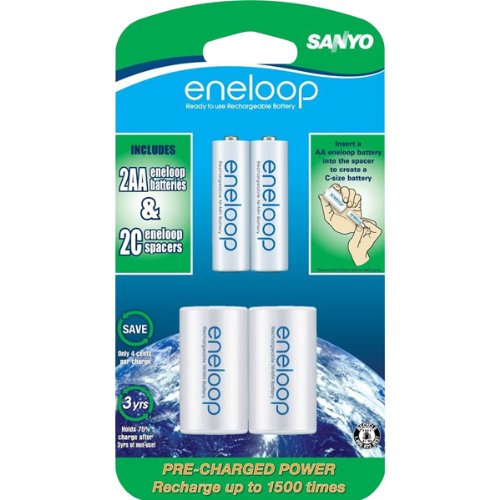 Sanyo NEW 1500 eneloop 2-AA Ni-MH Pre-Charged Rechargeable Batteries with C Spacer