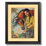 Native American Indian Girl With Wolf Horse # 2 Home Decor Wall Picture Black Framed Art Print