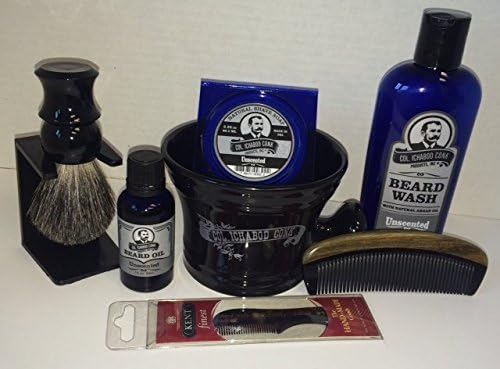 Ultimate Beard Grooming Set - Black Stand, Black Badger Brush, Col Conk Mug, Beard Oil, Natural Shave Soap, Beard Wash, 2 Combs (Unscented)