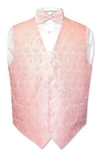 Top Quality Covona Men's Solid PEACH Paisley Dress Vest BOWTIE Set for Suit or Tuxedo