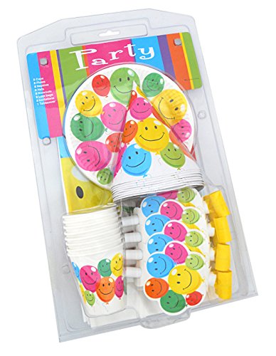 LolliZ Deluxe Party Pack for 8. Joyous Balloons, Color Smiley/White. 8 pcs Cups, Plates, Napkins, Hats, Blowouts, Invites, Goody Bags, 1 Tablecover