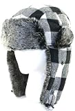White Buffalo Plaid Wool Faux Fur Trooper Trapper Pilot Aviator Hat for Men and Women Medium Large.