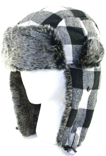 White Buffalo Plaid Wool Faux Fur Trooper Trapper Pilot Aviator Hat for Men and Women Medium Large.