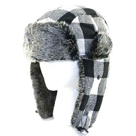 White Buffalo Plaid Wool Faux Fur Trooper Trapper Pilot Aviator Hat for Men and Women Medium Large FREE SHIPPING
