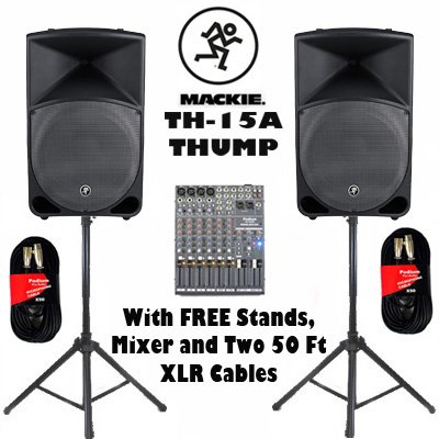 Mackie TH-15A Active DJ Powered THUMP Speakers Mixer Stands and Cables Set TH-15ASET2