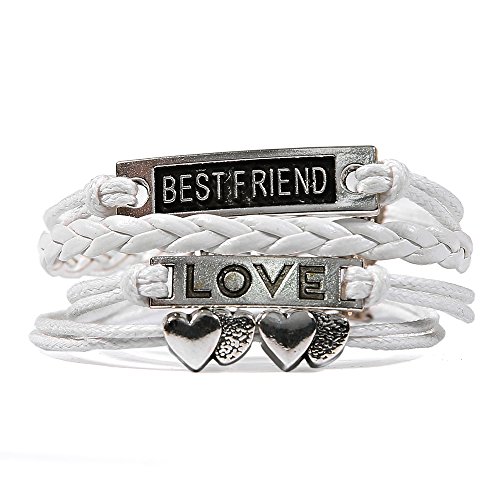 HITOP Jewelry Mens Womens Leather Bracelet, Vintage Best Friend Love Heart Charm Bangle, White Silver