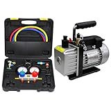 エアコン ガスチャージ マニホールドゲージ＆真空ポンプ 2点セット R134a R22 R410a R404a 対応冷媒