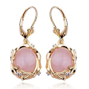 18k Yellow Gold Overlay Sterling Silver Rose Quartz Diamond Accent Dangle Leverback Earrings