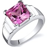 Step Design Princess Cut 3.25 carats Pink Sapphire Ring in Sterling Silver Rhodium Finish Available in Sizes 5 thru 9