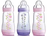 MAM Self-Sterilising Anti-Colic 260 ml Bottles 3-Pack (2 x Pink, 1 x Lilac)