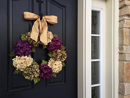 Hydrangea Wreath - Purple, Green, Cream Hydrangea Wreath with Bow, 20-Inch, Handmade Wreath