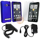 For HTC EVO 4G 4 Pcs Bundle Kit - Dark Blue Rubberized Hard Rubber Case + L ....