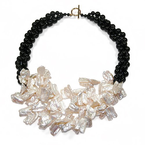 3 Strand Black Onyx and Biwa Pearl with 14k Gold Toggle Clasp 20 Inch