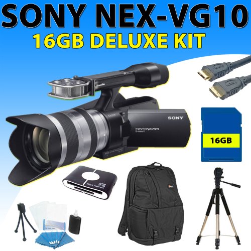 Sony Nex-vg10 Nexvg10 Interchangeable Lens Handycam Camcorder, Lowepro Fastpack 250 (Black), 16gb Sdhc Memory Card, 57 Inch Aluminum Tripod and More (16gb Deluxe Camcorder Kit)