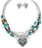 Silver Tone Turquoise Beaded Heart Necklace and Earrings Set Fashion Jewelry