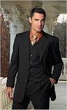 Review   / JET BLACK 3PC SUPER 150'S EXTRA FINE 100% ITALIAN WOOL SUIT HAND MADE WITH FRENCH PIPING