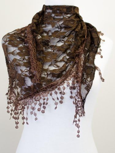 VegasHorizon Lightweight Women's Translucent Triangle Lace Scarf with Floral Pattern - Coffee