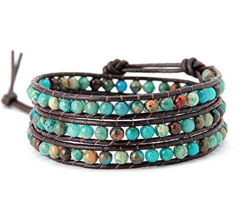 Natural Turquoise-Jasper Leather Beaded Wrap Bracelet