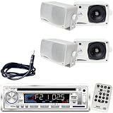 Pyle Marine Radio Receiver, Speaker and Cable Package - PLCD36MRW AM/FM-MPX IN-Dash Marine CD/MP3 Player/Weatherband/USB & SD Card Function - 2x PLMR24 2 Pairs of 3.5'' 200 Watt 3-Way Water Proof Mini Box Speaker System (White) - PLMRNT1 22