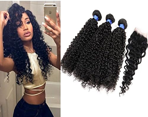 Beauty Code Hair Peruvian Virgin Human Hair Curly Wave 3 Bundles With Top Lace Closure For Woman Beauty 7A Grade Unprocessed Human Hair Natural Color No Tangle (20 22 24 with 18)