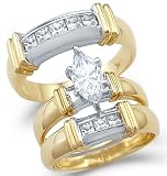 Solid 14k 2 Tone Gold Marquise CZ Engagement Wedding His and Hers Trio Three Piece Ring Set 1.5 ct
