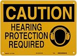 Brady 25894 14 Width x 10 Height B-401 Plastic, Black on Yellow Ear Protection Sign, Header Caution, Legend Hearing Protection Required (with Picto)