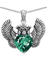 Genuine TRUE LOVE (tm) 925 Silver Simulated Emerald Heart With Crown and Angel Wings Pendant