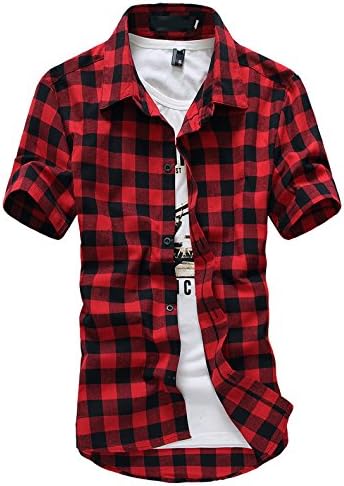 Rainse Casual Western Plaid Checked Snap Button Short Sleeve Shirt Red