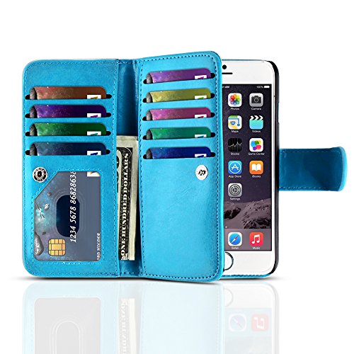 TNP iPhone 6s Plus Wallet Case (Blue) - Flip Synthetic Leather Wallet Pocket Case 2-In-1 Magnetic Detachable Back Cover with Built-in 9 Card Slots for Apple iPhone 6S Plus iPhone 6 Plus 5.5" Devices