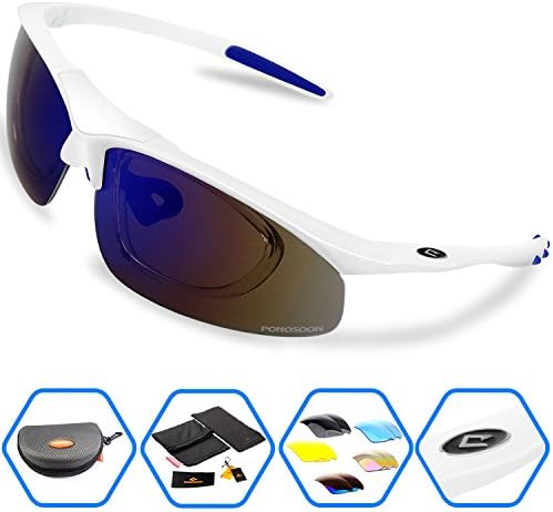 Ponosoon Sports Sunglasses Polarized with 5 Set Interchangeable Lenses for Cycling 0817 (White&blue)